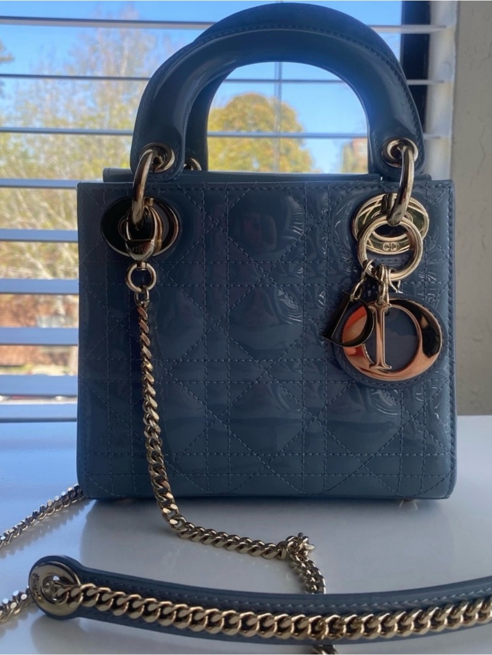Dior Slate Blue Patent Lady Dior Mini Bag with Gold Hardware